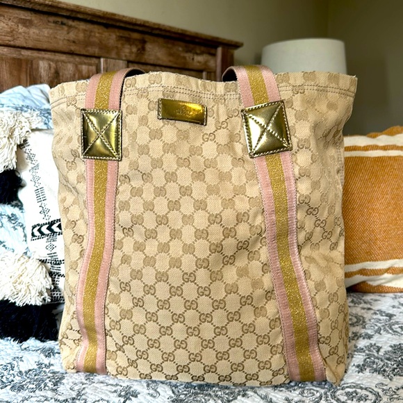 Beige GG Canvas Pink And Gold Web Tote Bag - Picture 3 of 13